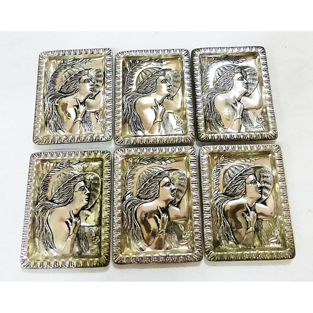 Vintage small embossed plate silver straw hat woman face japan set of 6‎